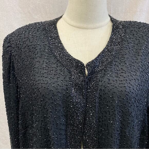 Vintage Sténay Plus black silk‎ beaded open longline Cardigan Size 1X - Picture 7 of 15